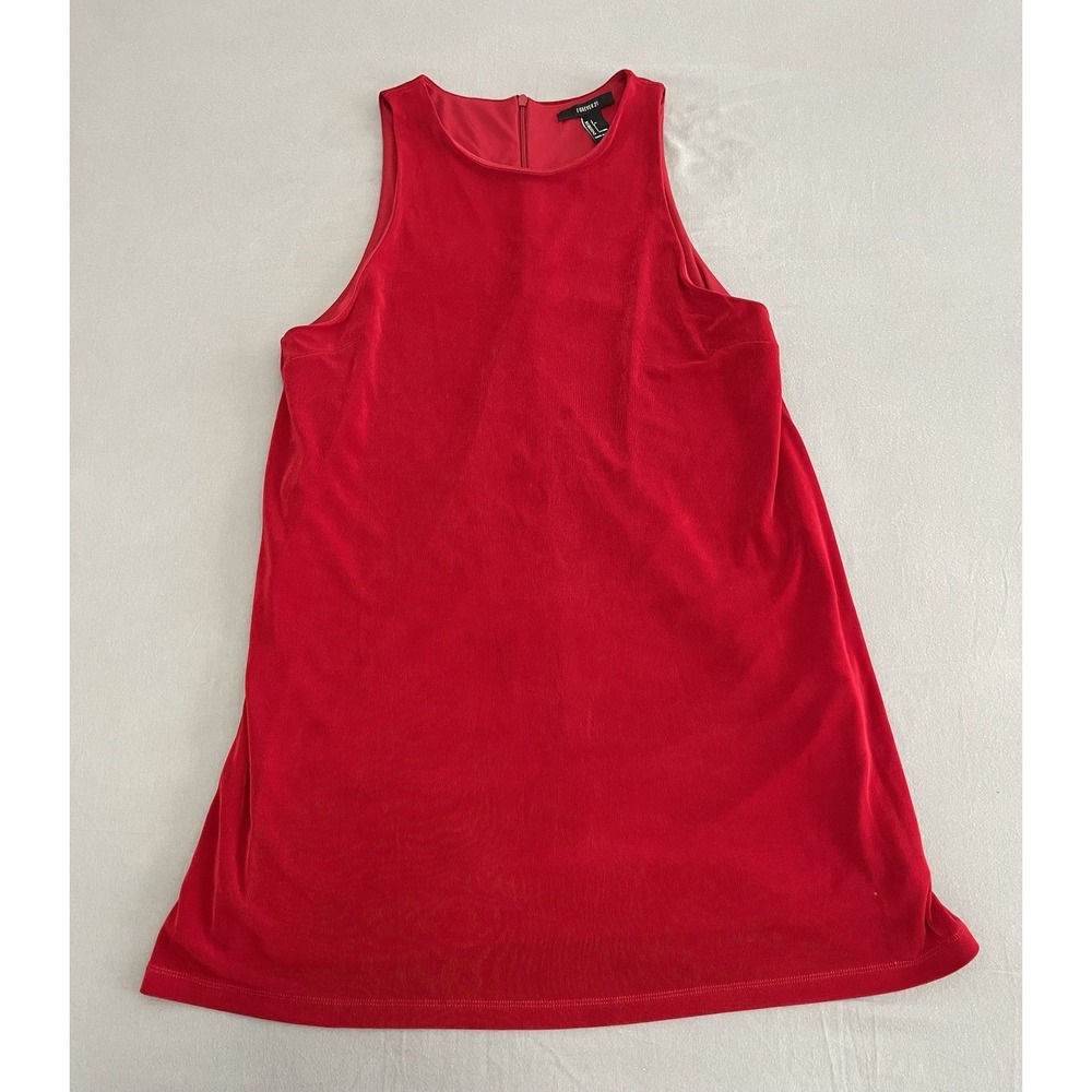Forever 21 Womens Red Ribbed Sleeveless Shift Mini Dress L Round Neck Lined